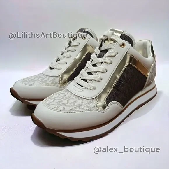Michael Kors Maddy Vanilla/ Brown Two-Tone Logo Trainer Women's Sneakers 5.5 - Picture 5 of 13